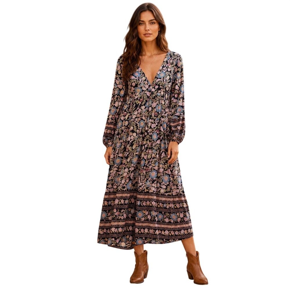 Billabong Floral Midi Dress Black Pink Boho Long Sleeve Womens M NWT - Picture 2 of 15